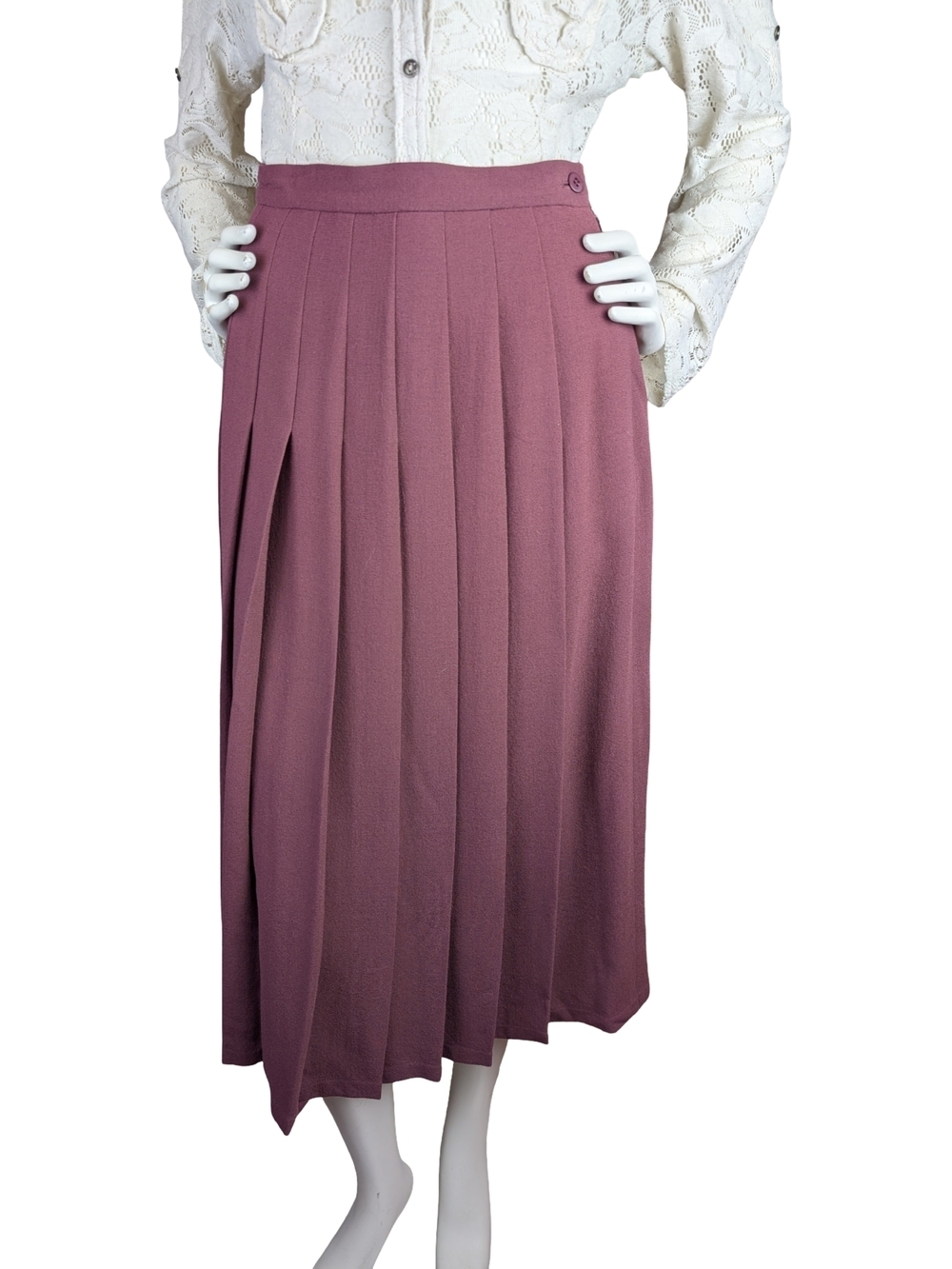 Vintage Jaeger 100% Wool Pleated Midi Skirt Mauve 27" Waist Made In Britain